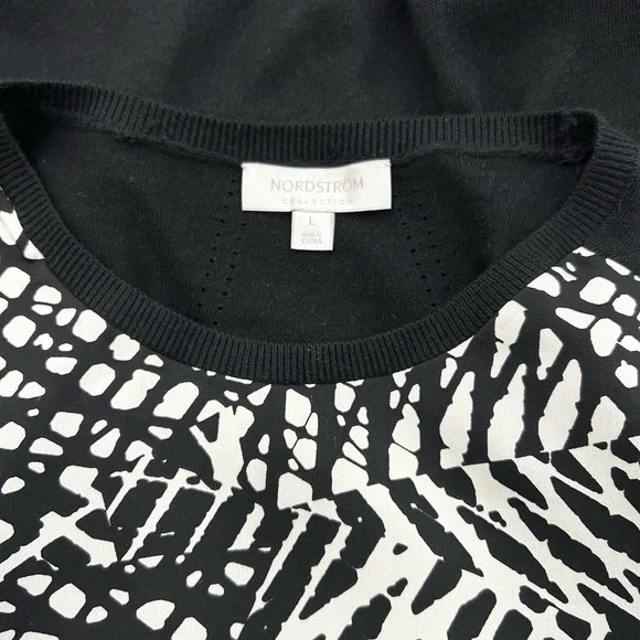 Nordstrom Blouse Top Womens Large Silk Cashmere Sweater Short Sleeve Black White - Picture 8 of 10